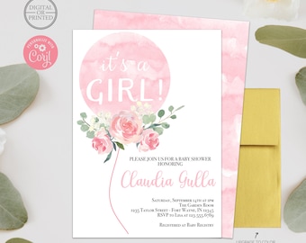 It's a Girl Baby Shower Invitation | Floral Balloon Baby Shower Invitation | Watercolor Floral Baby Shower | Digital | Printed