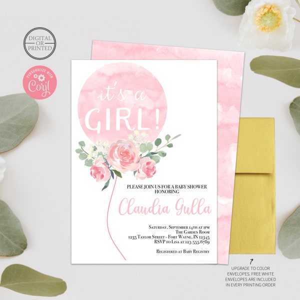 It's a Girl Baby Shower Invitation | Floral Balloon Baby Shower Invitation | Watercolor Floral Baby Shower | Digital | Printed