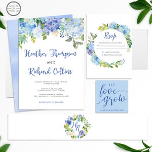 Blue Floral Watercolor Wedding Invitation Suite / Kit
