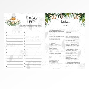 May include: Two printable baby shower game cards with a woodland theme. The first card is a baby ABC game with a list of letters and blank lines for answers. The second card is a baby trivia game with 12 questions and multiple choice answers.