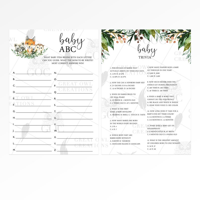 May include: Two printable baby shower game cards with a woodland theme. The first card is a baby ABC game with a list of letters and blank lines for answers. The second card is a baby trivia game with 12 questions and multiple choice answers.