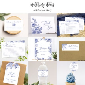 May include: A set of printable bridal shower decorations featuring a blue and white floral design. The set includes a welcome sign, thank you cards, advice cards, a recipe card, a water bottle label, a cupcake topper, and a favor tag. The text on the cards reads "Welcome to Brittany's Bridal Shower", "Thank You", "Advice for the Bride to Be", "A Recipe for the Bride to Be", and "Something Blue Before I Do".