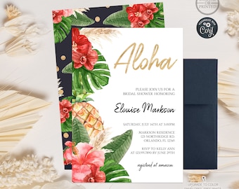 Aloha Bridal Shower Invitation | Tropical Wedding Shower Invite | Aloha Invitation | Hibiscus Flowers | Pineapple | Printed or Digital