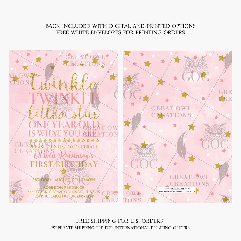 Puede incluir: Invitaci&oacute;n de primer cumplea&ntilde;os rosa y dorada con un b&uacute;ho blanco y estrellas. La invitaci&oacute;n dice "Twinkle Twinkle Little Star One Year Old is What You Are".