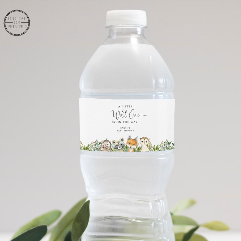 Woodland Greenery Water Bottle Label Autocollant de bouteille deau Forest Animals Numérique ou imprimé modifiable instantanément image 1