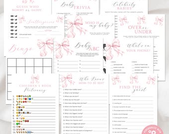 Pacchetto giochi per baby shower con fiocco rosa moderno, modificabile, scaricabile immediatamente e stampabile, BA12325