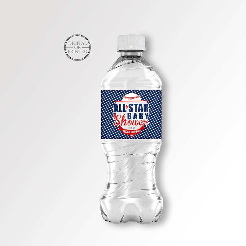 May include: Water bottle label with a blue and white striped background and a red circle with a baseball and the text "All-Star Baby Shower".