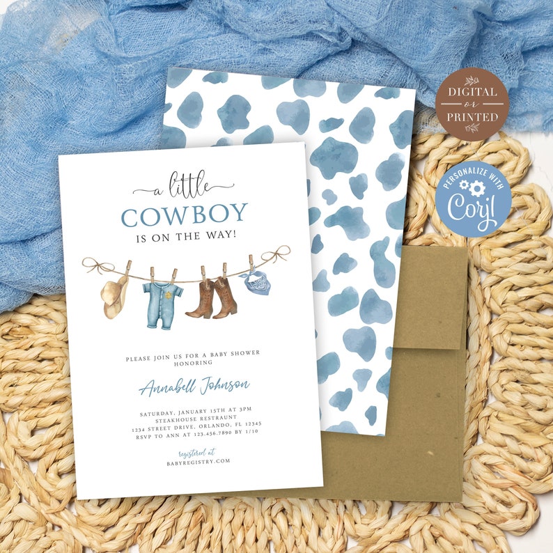 Cowboy Baby Shower Invitation Template, A Little Cowboy is on the Way Invite, Wild West Western, Instant Digital or Printed, BA-11023 image 1