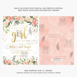 Floral Baby Shower Invitation | Sweet Baby Girl Baby Shower Invitation | Peach and Gold Baby Shower Invite | Digital or Printed image 2
