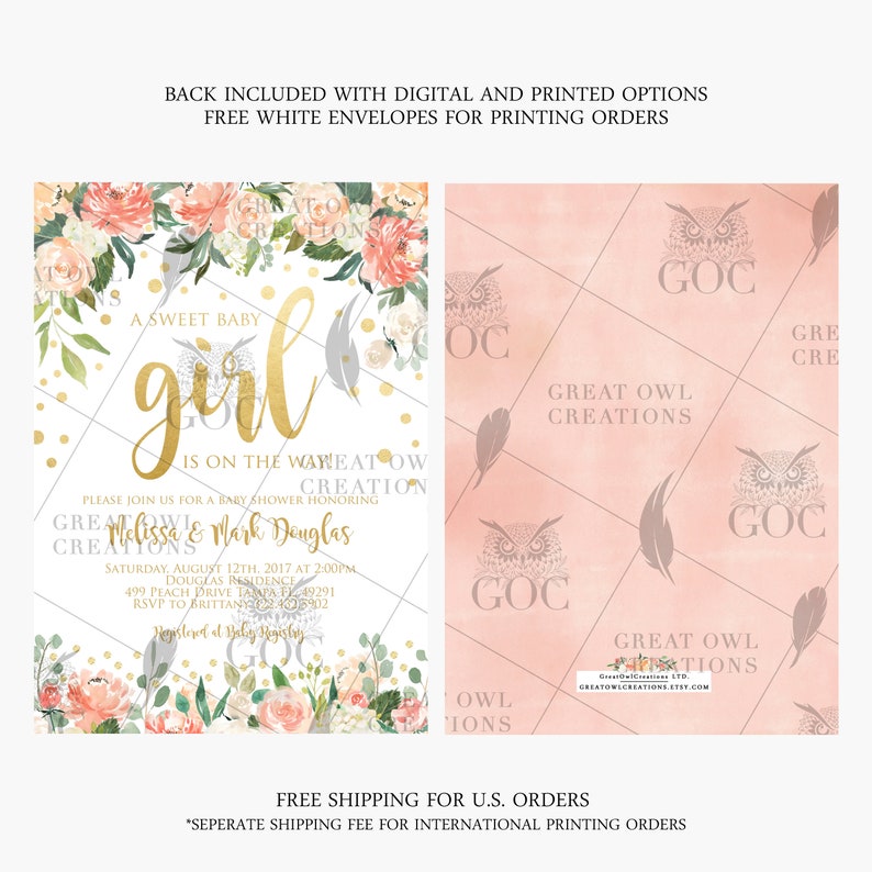 Floral Baby Shower Invitation | Sweet Baby Girl Baby Shower Invitation | Peach and Gold Baby Shower Invite | Digital or Printed image 2