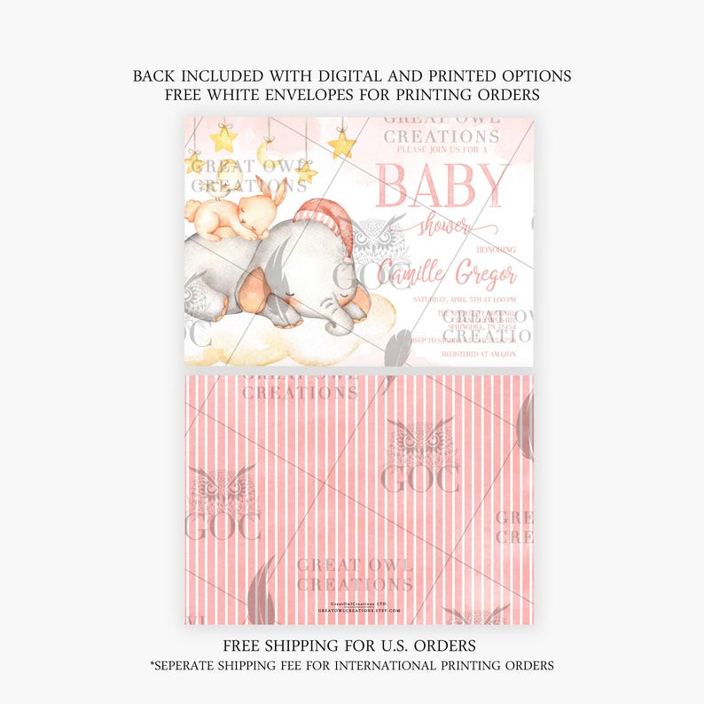 Invitación para baby shower con elefante rosa imagen 2