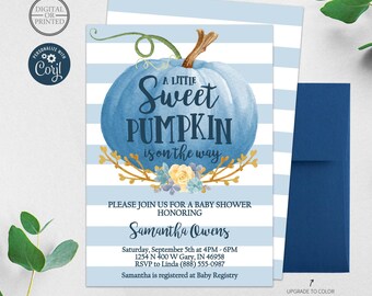 Fall Blue and White Sweet Little Pumpkin Baby Shower Invitation