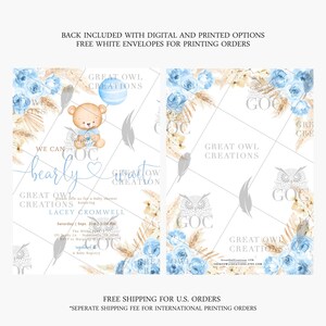 Boho Bear Baby Shower Invitation | Blue Pampas Teddy Bear Boy Baby Shower Invite | Digital or Printed Instant Editable Template immagine 2