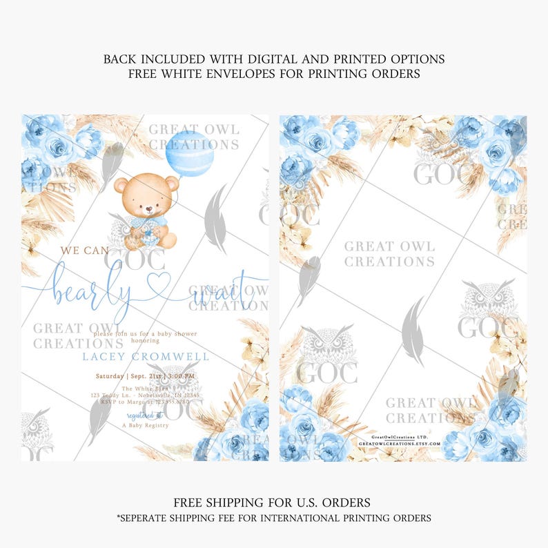 Boho Bear Baby Shower Invitation | Blue Pampas Teddy Bear Boy Baby Shower Invite | Digital or Printed Instant Editable Template immagine 2