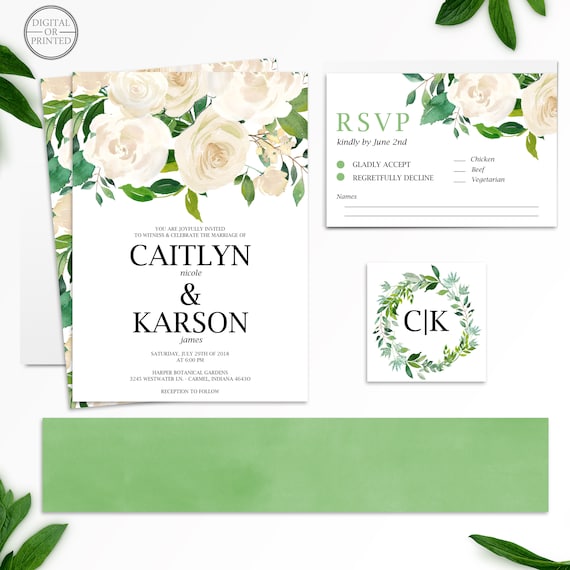 Greenery White Watercolor Floral Wedding Invitation Suite / Kit Il_570xn