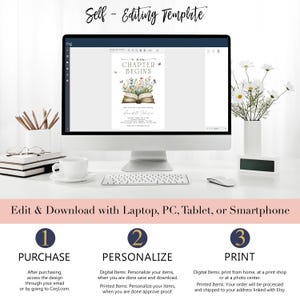 May include: A computer screen displaying a digital invitation template with a book and flowers. The text on the invitation reads "A New Chapter Begins". The image shows three steps for purchasing, personalizing, and printing the invitation.