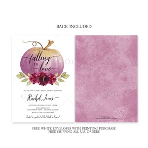 May include: Purple and gold watercolour pumpkin with autumn foliage and the text "falling in love" on a white background. Bridal shower invitation with the text "Please join us for a bridal shower honouring Rachel Jones" and details for the event.