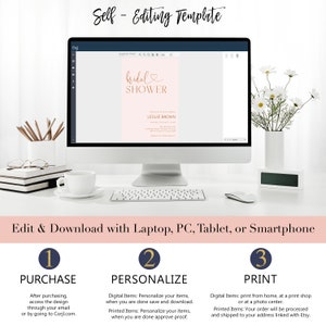 May include: A computer screen displaying a pink and gold bridal shower invitation template. The text on the screen reads "bridal shower" and "LESLIE BROWN". The image also includes instructions for purchasing, personalizing, and printing the template.