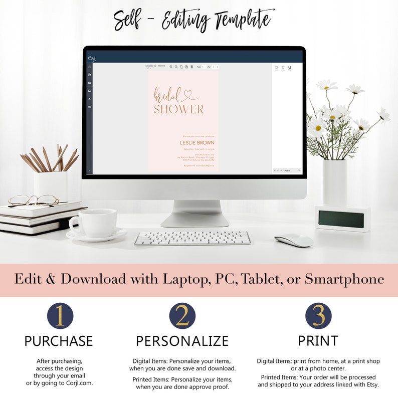 May include: A computer screen displaying a pink and gold bridal shower invitation template. The text on the screen reads "bridal shower" and "LESLIE BROWN". The image also includes instructions for purchasing, personalizing, and printing the template.