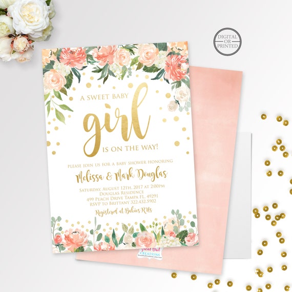 Gold Confetti Baby Shower Invitation | Girl Baby Shower Invitation | Peach and Gold Baby Shower | Floral Baby Shower Invite | Flowers Il_570xn