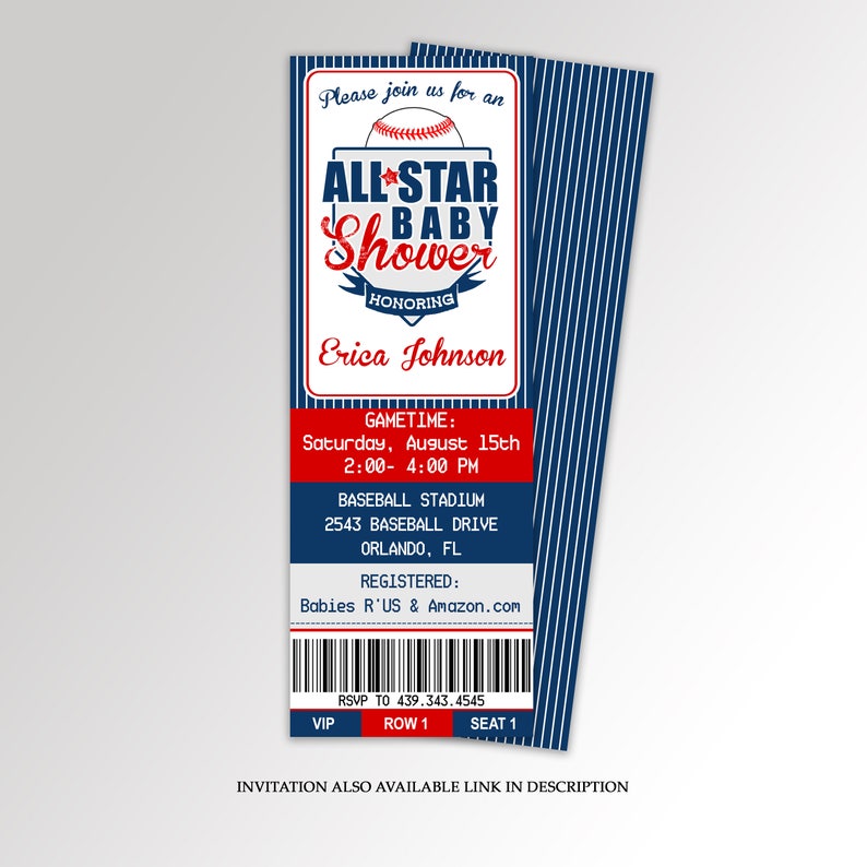 Puede incluir: Una invitaci&oacute;n a una fiesta de bienvenida al beb&eacute; con tem&aacute;tica de b&eacute;isbol, de color azul y rojo, con un dise&ntilde;o de boleto. La invitaci&oacute;n dice "All-Star Baby Shower" en honor a "Erica Johnson". El evento est&aacute; programado para el s&aacute;bado 15 de agosto de 2:00 PM a 4:00 PM en el Baseball Stadium, 2543 Baseball Drive, Orlando, FL. RSVP al 439.343.4545.