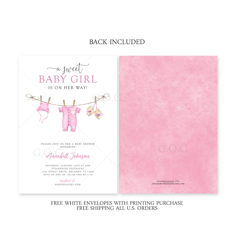 Girl Baby Shower Invitation, Boho Baby Clothesline, Instant Digital or Printed, BA-31023 image 2