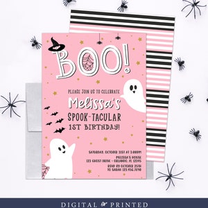 Pink Halloween Birthday Invitations | Spooktacular | Girl Halloween Party | Instant Digital or Printed