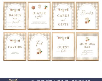 May include: Eight editable baby shower signs with a gingham background and watercolor illustrations. The signs include "Babies are Sweet", "Diaper Raffle", "Cards and Gifts", "Drinks", "Favors", "Food", "Guest Book", and "Mom-osa Bar".