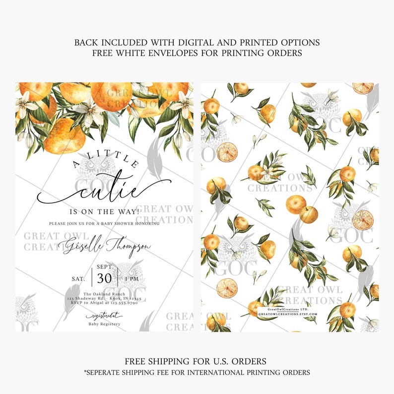 A Little Cutie Baby Shower Invitation | Orange Citrus Greenery Baby Shower Invite | Editable Template Digital or Printed Invite image 2