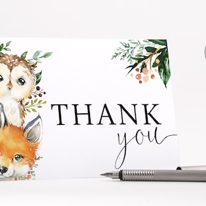 Woodland Greenery Thank You Cards | Forest Animals Folded Card Baby Shower Stationary | Editable Instant Digital or Printed