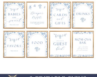 Vintage Elegant Chinoiserie Blue Floral Baby Shower Sign Package, 8x10, Editable Instant Download, BA41625