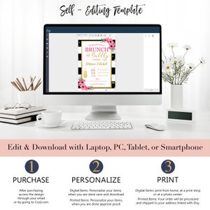 May include: A computer screen displaying a printable invitation for a brunch party. The invitation features a black and white striped background with pink flowers and gold glitter. The text on the invitation reads "Please join us for a Brunch Bully honoring Diprina Eduardo July 29".