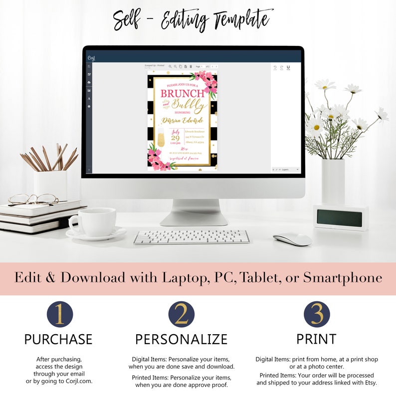 May include: A computer screen displaying a printable invitation for a brunch party. The invitation features a black and white striped background with pink flowers and gold glitter. The text on the invitation reads "Please join us for a Brunch Bully honoring Diprina Eduardo July 29".