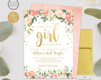 Floral Baby Shower Invitation | Sweet Baby Girl Baby Shower Invitation | Peach and Gold Baby Shower Invite | Digital or Printed