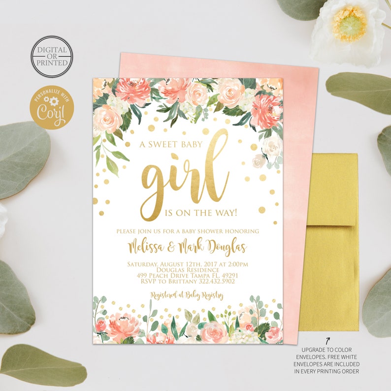 Floral Baby Shower Invitation | Sweet Baby Girl Baby Shower Invitation | Peach and Gold Baby Shower Invite | Digital or Printed image 1