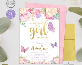 Garden Butterfly Girl Baby Shower Invitations, Sweet Baby Girl Is On The Way Invite, Printed or Digital