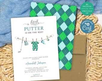 May include: A baby shower invitation with a green and blue checkered pattern. The invitation says "a little putter is on the way!" and includes a cartoon illustration of a baby wearing a golf outfit hanging on a clothesline. The invitation also includes the baby's name, Annabell Johnson, and the date and time of the shower.