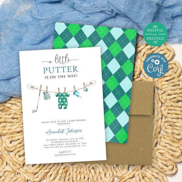 Golf Baby Shower Invitation, A Little Putter is on the Way Invite, Editable Digital or Printed, BA-62823