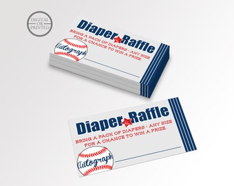 May include: A white and blue diaper raffle ticket with a baseball graphic and the text "Diaper Raffle" and "Bring a pack of diapers - any size for a chance to win a prize."