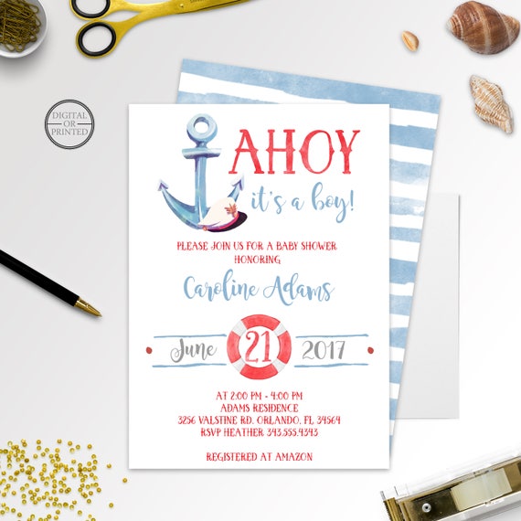 Ahoy Baby Shower Invitation | Nautical Baby Shower Invitation | Boy Ahoy Baby Shower Invitation | Watercolor Nautical Shower Invitation Il_570xn