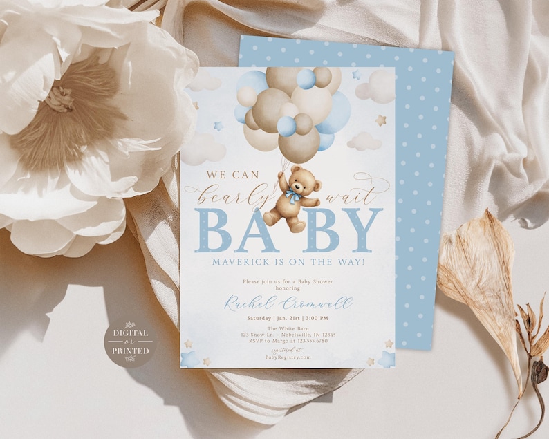 May include: A baby shower invitation with a blue and white polka dot background. The invitation features a teddy bear holding balloons and the text "We can barely wait BABY Maverick is on the way!"  The invitation also includes the date, time, and location of the shower.