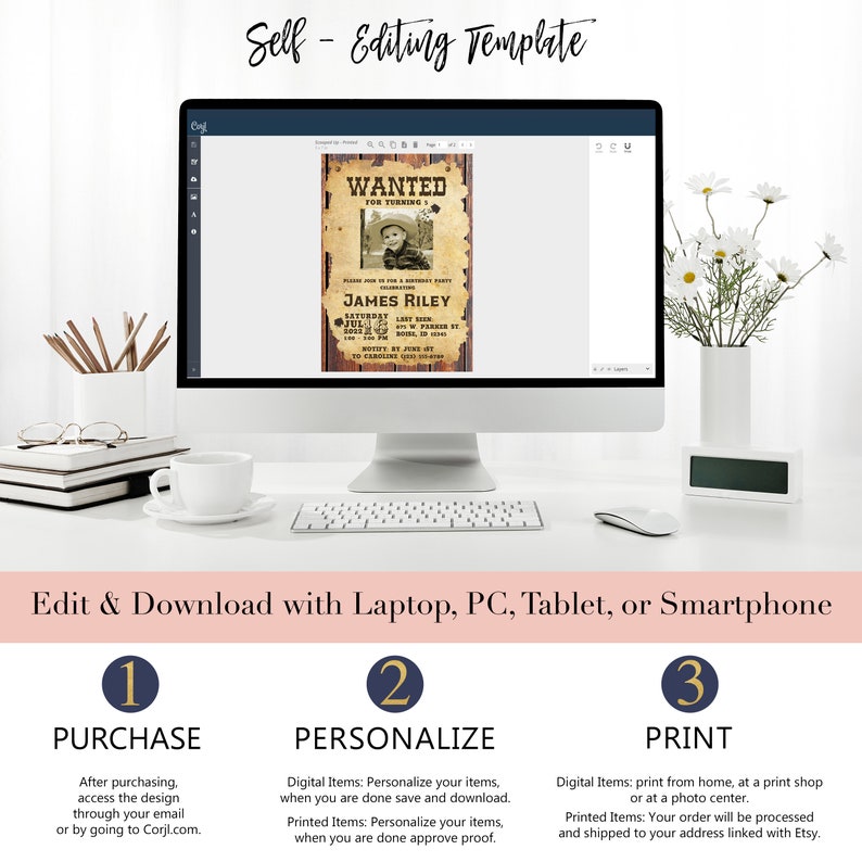May include: A computer screen displaying a printable "Wanted" poster template for a birthday party. The poster features a vintage-style design with a photo placeholder, text fields for the birthday boy's name, age, and party details. The text on the poster reads "Wanted for Turning..." and "James Riley".