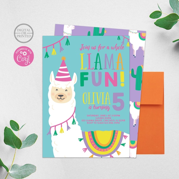 Llama Birthday Invitation | Llama Invitation | Llama Party Invite | Digital or Printed Il_570xn