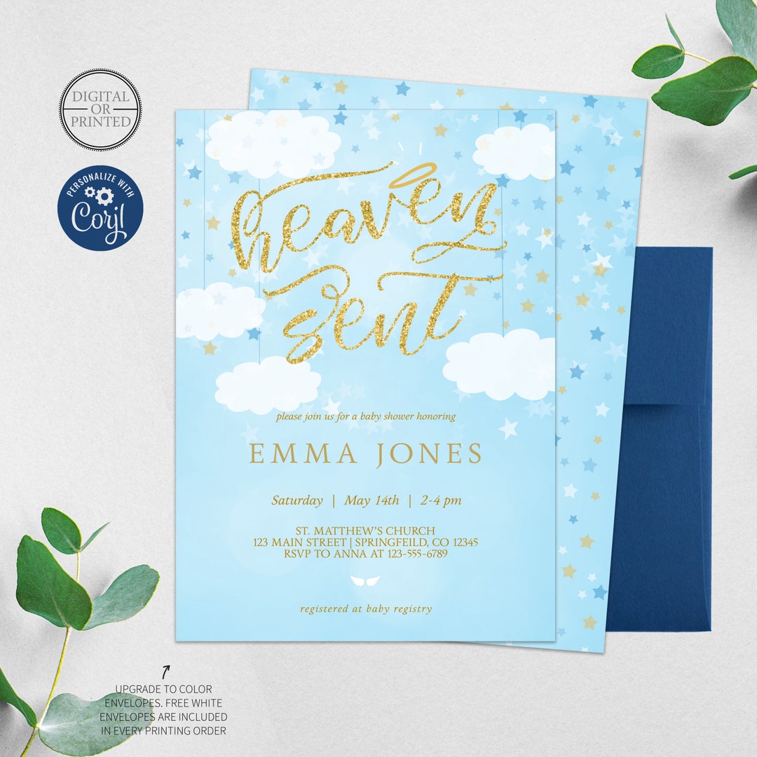 Heaven Sent Baby Shower Invitation Heaven Sent Invitation Angel Baby
