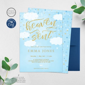 May include: Baby shower invitation with a light blue background, white clouds, and gold stars. The invitation features the words "Heaven Sent" in gold glitter script. Details include the honoree's name, date, time, and location. A navy blue envelope is included.