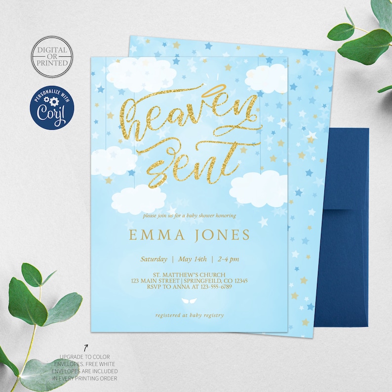 May include: Baby shower invitation with a light blue background, white clouds, and gold stars. The invitation features the words "Heaven Sent" in gold glitter script. Details include the honoree's name, date, time, and location. A navy blue envelope is included.