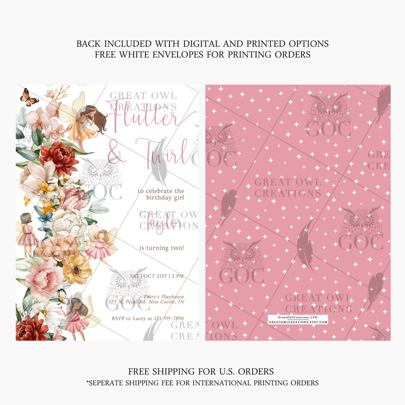 May include: A pink and white invitation with a floral design and a whimsical owl illustration. The text reads "Great Owl Creations Flutter & Twirl to celebrate the birthday girl [name] is turning two!"  The invitation includes the date, time, and location of the event.