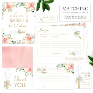 May include: A set of printable bridal shower decorations featuring a floral design with a whisk and the text "Welcome to Sarah's Bridal Shower". The set includes a welcome sign, a recipe card, a thank you card, and a card for guests to write advice for the bride.