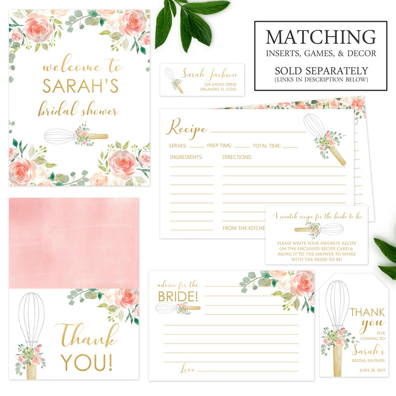 May include: A set of printable bridal shower decorations featuring a floral design with a whisk and the text "Welcome to Sarah's Bridal Shower". The set includes a welcome sign, a recipe card, a thank you card, and a card for guests to write advice for the bride.