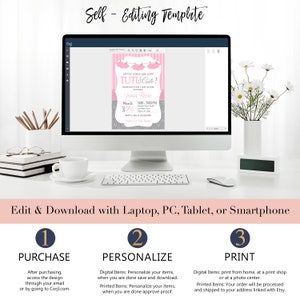 May include: A computer screen displaying a pink and gray printable invitation template for a baby shower. The text on the invitation reads "Little Girls Are Just Tutu Cute!" and includes the date, time, and location of the event. The image also includes instructions on how to purchase, personalize, and print the invitation.